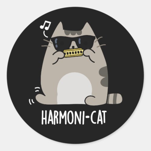 Harmoni_cat Funny Harmonica Cat Pun Dark BG Classic Round Sticker