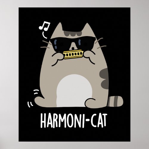 Harmoni_cat Funny Harmonica Cat Pun Dark BG Poster