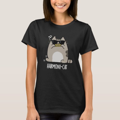 Harmoni_cat Funny Harmonica Cat Pun Dark BG T_Shirt