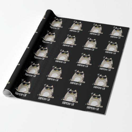 Harmoni_cat Funny Harmonica Cat Pun Dark BG Wrapping Paper