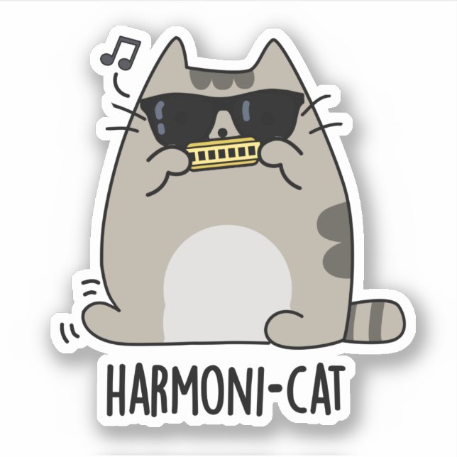 Harmoni-cat Funny Harmonica Cat Pun  Sticker (Front)
