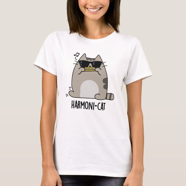 Harmoni-cat Funny Harmonica Cat Pun  T-Shirt (Front)
