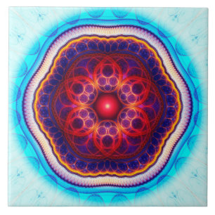 Harmonic fractal red blue mandala ceramic tile