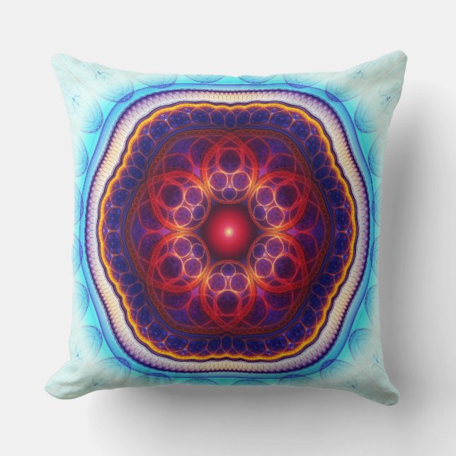 Harmonic fractal red blue mandala throw pillow (Front)