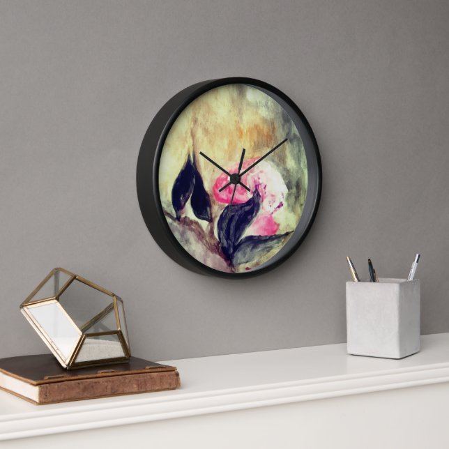 Harmonic Pink Flowers Black Leaves Abstract Clock (Office)