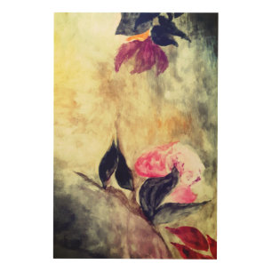 Harmonic Pink Flowers Black Leaves Abstract Wood Wall Art