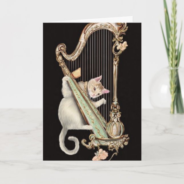 Harmonic Whiskers – Cat & Harp Greeting Card (Front)
