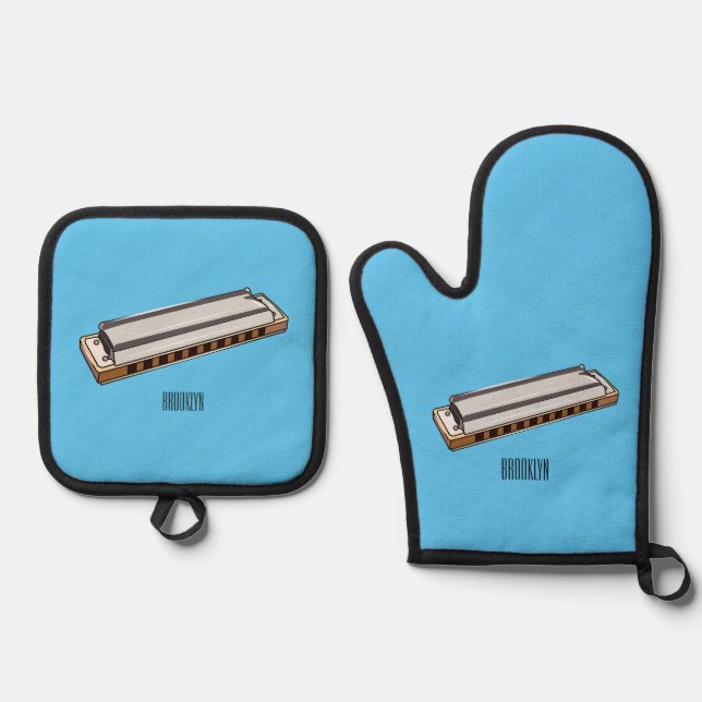 Harmonica cartoon illustration oven mitt & pot holder set (Front)