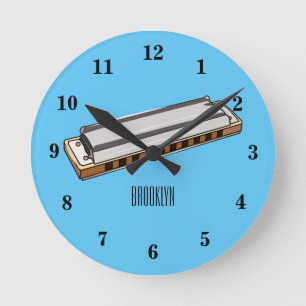 Harmonica cartoon illustration round clock