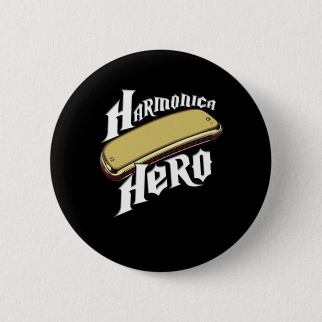 Harmonica Hero Instrument Band Blues Music Gift Button (Front)