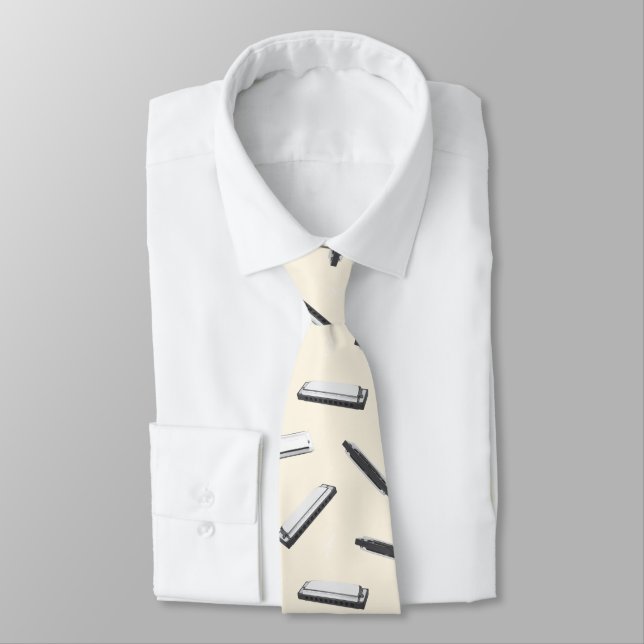 Harmonica Player Mouth Organ Music Notes Pattern Neck Tie (Tied)