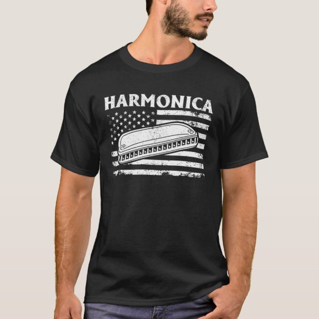 Harmonica US Flag Harmonica Instrument T-Shirt (Front)