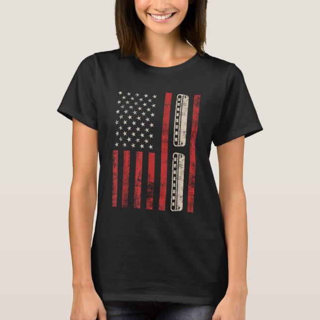 Harmonica Vintage American Flag Patriotic Harmonic T-Shirt (Front)