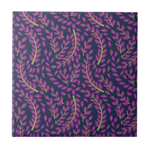 Harmonious Botanical Art on Dark Blue Background Ceramic Tile