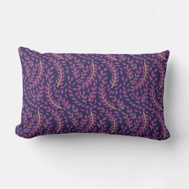 Harmonious Botanical Art on Dark Blue Background Lumbar Pillow (Front)