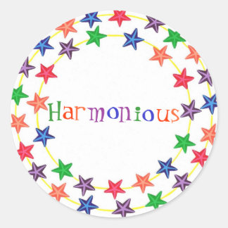 Harmonious stickers, in circles of colorful stars classic round sticker