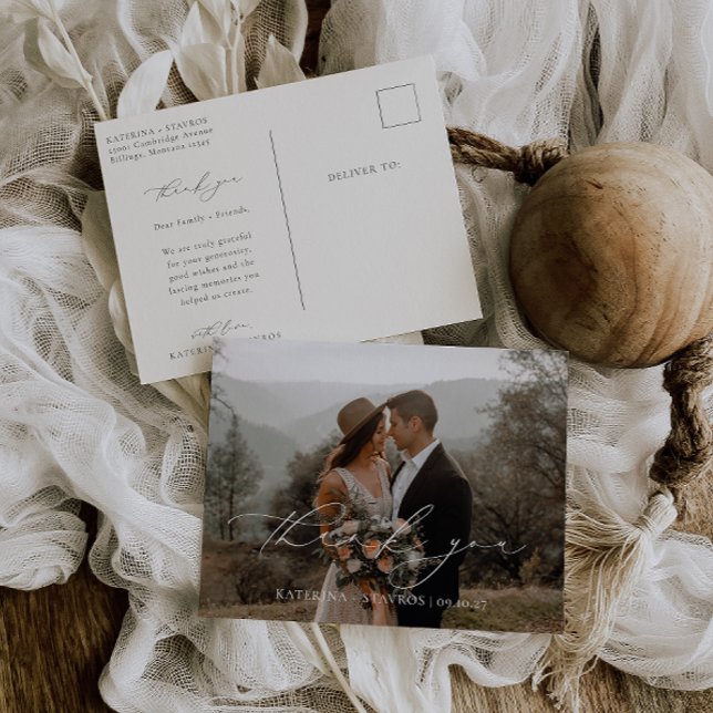 HARMONY Beige Script Wedding Photo Thank You Postcard (Creator Uploaded)