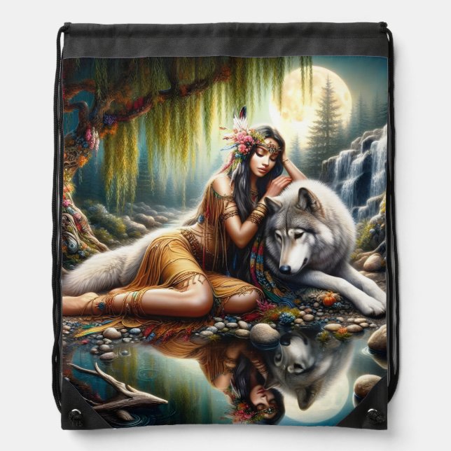 Harmony between a Native Indian woman and a wolf Drawstring Bag (Front)