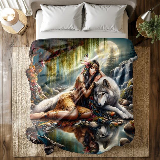 Harmony between a Native Indian woman and a wolf Duvet Cover (Creator Uploaded)