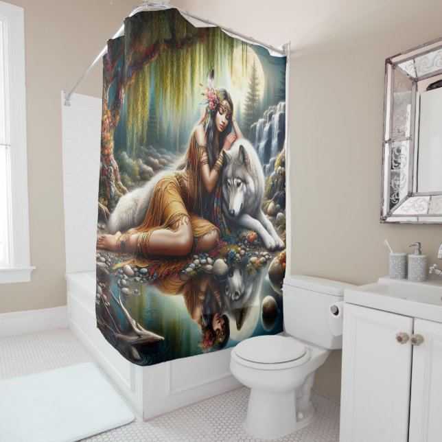 Harmony between a Native Indian woman and a wolf Shower Curtain (In Situ)