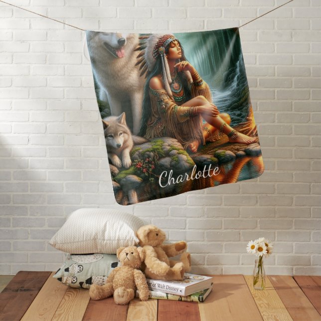 Harmony between Native Indian and wolves in nature Baby Blanket (In Situ)