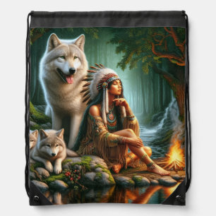 Harmony between Native Indian and wolves in nature Drawstring Bag