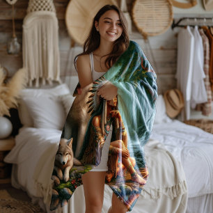 Harmony between Native Indian and wolves in nature Fleece Blanket