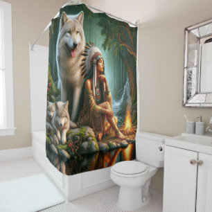 Harmony between Native Indian and wolves in nature Shower Curtain