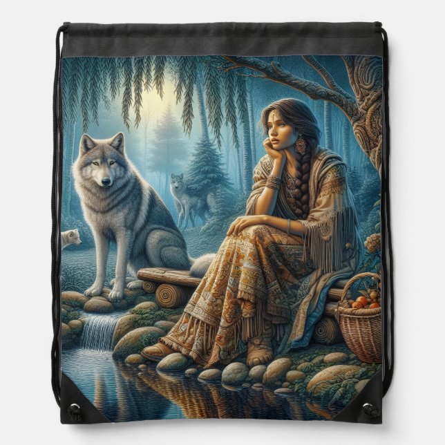 Harmony between Native Indians and wolves Drawstring Bag (Front)