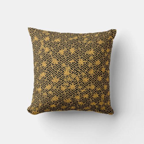 Harmony in Gold Sayagata Maple Leaves Throw Pillow