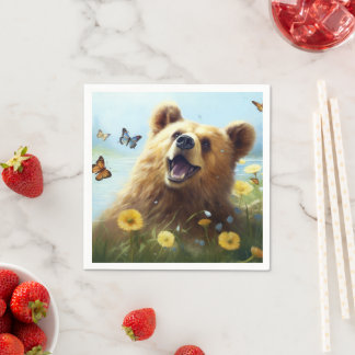 Harmony in Nature: Bear and Butterflies Napkins