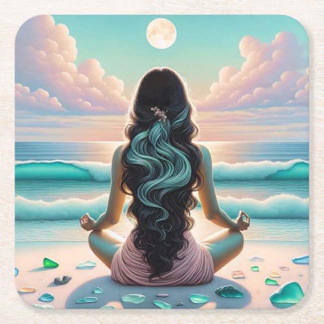 Harmony Meditation on Beach Square Paper Coaster (Front)
