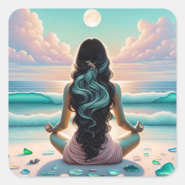 Harmony Meditation on Beach Square Sticker (Front)