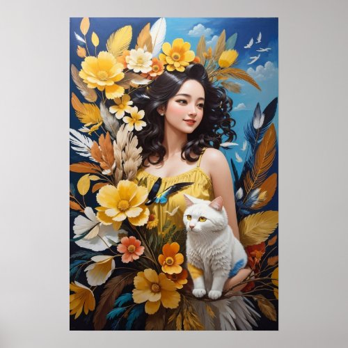 Harmony of Friendship Girl Cat and flowers Poster