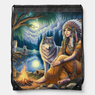 Harmony of native spirit and wilderness at dusk drawstring bag
