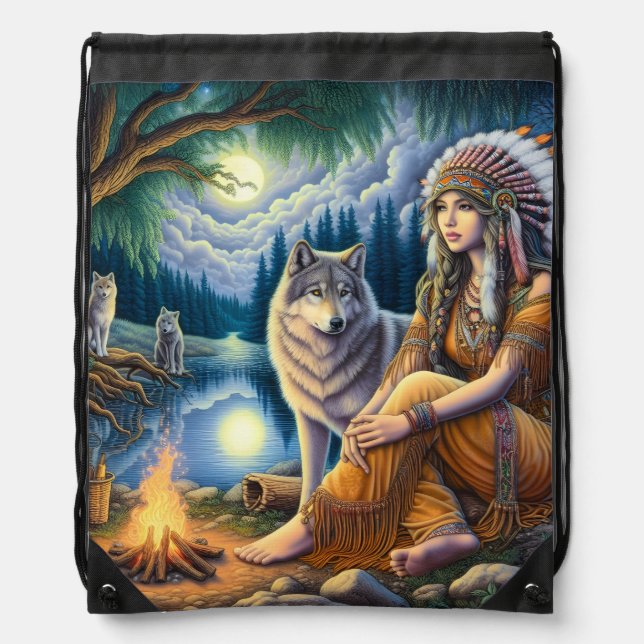 Harmony of native spirit and wilderness at dusk drawstring bag (Front)