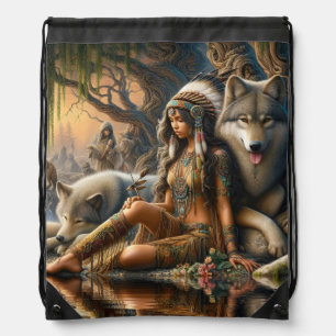 Harmony of nature: A Native Indian and her wolves Drawstring Bag