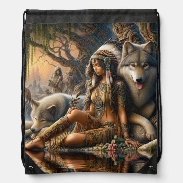 Harmony of nature: A Native Indian and her wolves Drawstring Bag (Front)