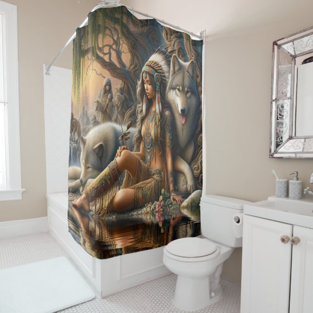 Harmony of nature: A Native Indian and her wolves Shower Curtain (In Situ)