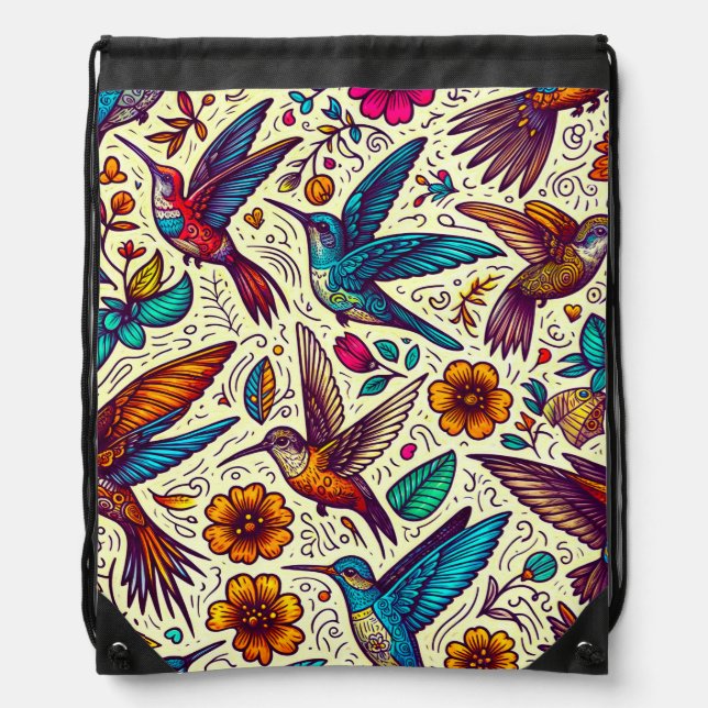Harmony of Nature: Vibrant Humming birds Drawstring Bag (Front)