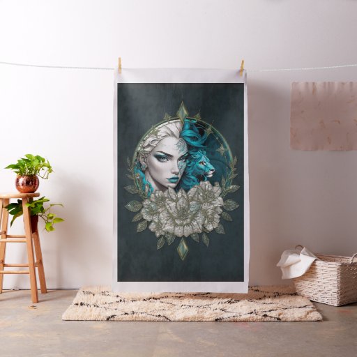 Harmony of the elements, the woman with lion.  fabric