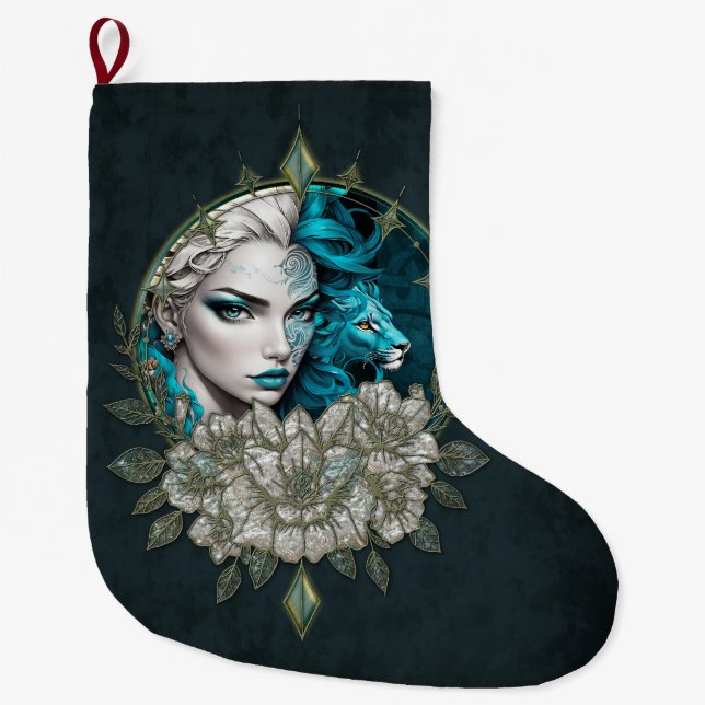 Harmony of the elements, the woman with lion.  large christmas stocking (Front)