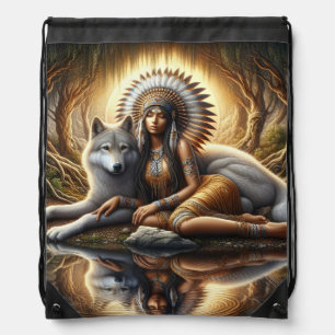 Harmony of the native spirit with a wolf at dusk drawstring bag