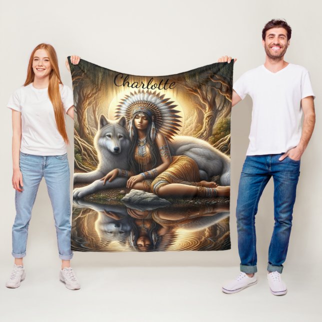 Harmony of the native spirit with a wolf at dusk fleece blanket (In Situ)