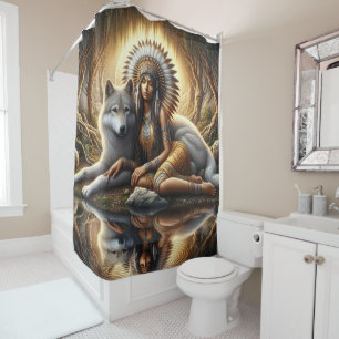 Harmony of the native spirit with a wolf at dusk shower curtain