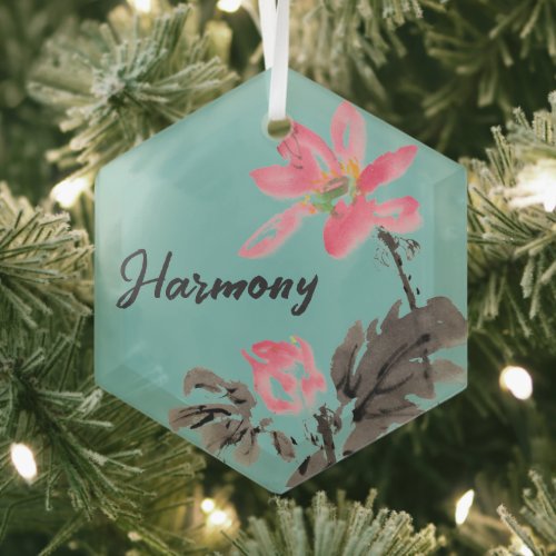 Harmony Positive Quote Watercolor Floral Lotus  Glass Ornament
