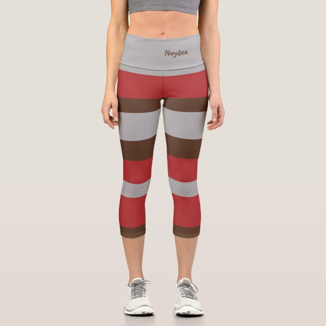 Harmony Stripes Horizontal Lines Gray Red Brown Capri Leggings (Front)