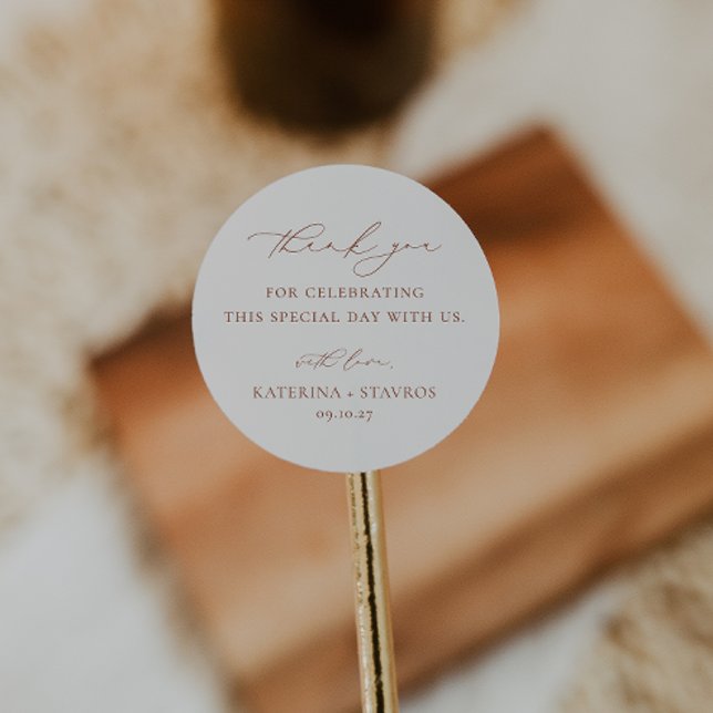 HARMONY Terracotta Minimalist Wedding Thank You Classic Round Sticker (Creator Uploaded)