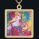 HARMONY TRIO SPRING CONCERT GOLD PLATED NECKLACE<br><div class="desc">Colourful, artistic whimsical, abstract figurative contemporary watercolor painting with three player figures, floral swirls, roses, flowers, gold sparkles, silver foil in vibrant yellow, red green, blue, pink fuchsia colors  .</div>