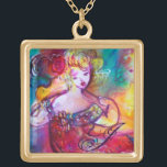 HARMONY TRIO SPRING CONCERT GOLD PLATED NECKLACE<br><div class="desc">Colourful, artistic whimsical, abstract figurative contemporary watercolor painting with three player figures, floral swirls, roses, flowers, gold sparkles, silver foil in vibrant yellow, red green, blue, pink fuchsia colors  .</div>